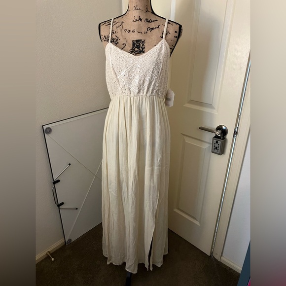 Altar'd State Cream Spaghetti Strap Maxi Dress sequin lace top slits M L - Picture 1 of 7